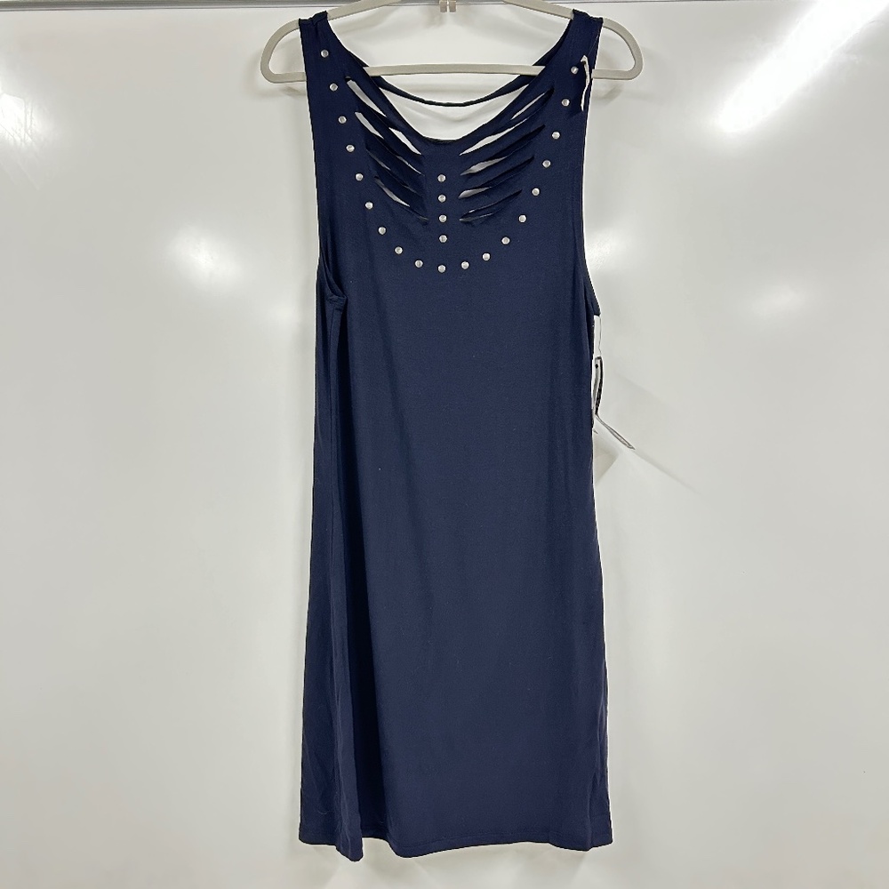 Bisou Bisou Navy Studded Cutout Tunic Tank Large Edgy Boho Chic Sleeveless NWT
